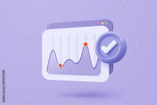 3D graph down with alert notice icon for finance investment. negative check list button choice for false, correct, lost, problem. 3d emergency trading stock icon vector render illustration