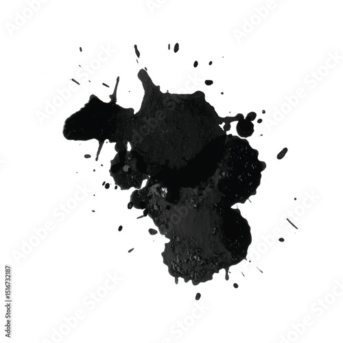 Artistic modern ink blot with dense core and spreading droplets creating an expressive dynamic grunge stain for backgrounds, digital art, and abstract compositions.