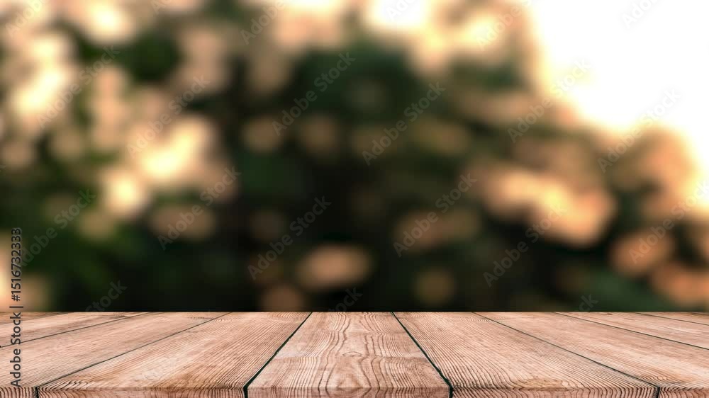Empty wooden table top with lights bokeh on blur restaurant background.	4K Resolution.