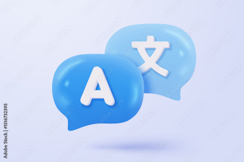Fototapeta premium 3D language translate realistic icon signs, dictionary and chat translator. speak bubble symbol language concepts. 3d speech studying icon vector illustration