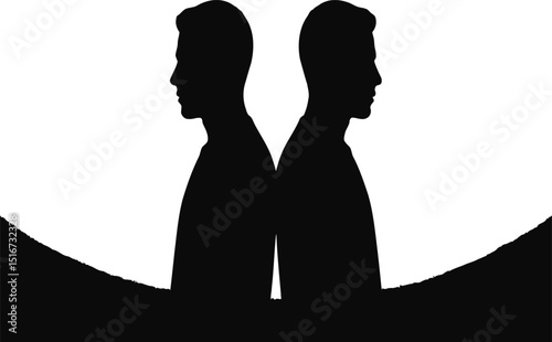 Silhouette of two men standing back to back against a bright white background in black and white