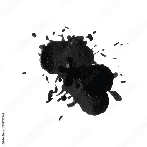 Abstract irregular ink blot with sharp edges and scattered droplets creating an energetic grunge composition for design backgrounds, digital art, and poster textures.