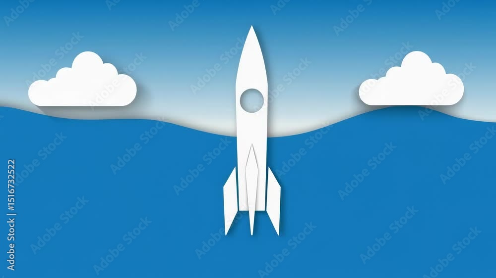 Minimalistic paper cut illustration of a rocket launch with white clouds on a blue background, creative design for innovation and start-up concepts
