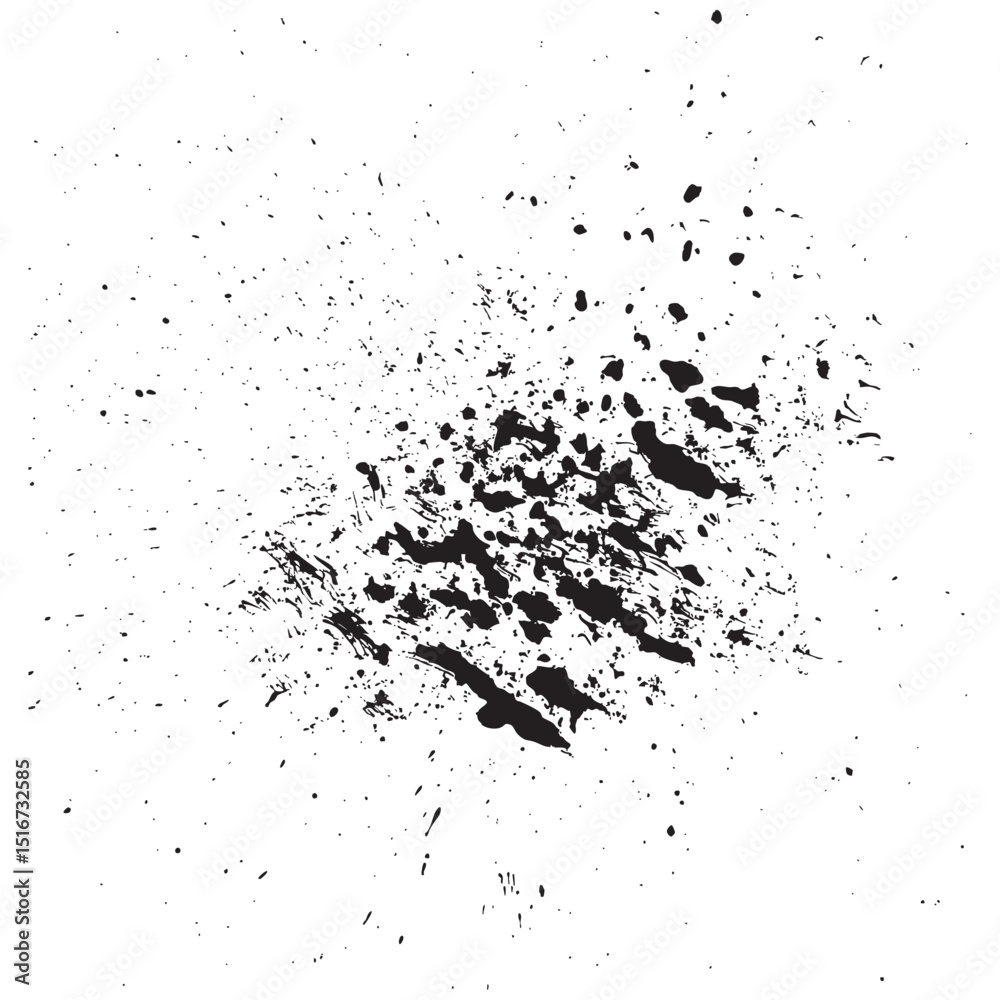 Isolated ink spray with high contrast droplets scattered asymmetrically, forming dynamic composition suitable for print design, posters, digital artwork, grunge elements and creative backgrounds.