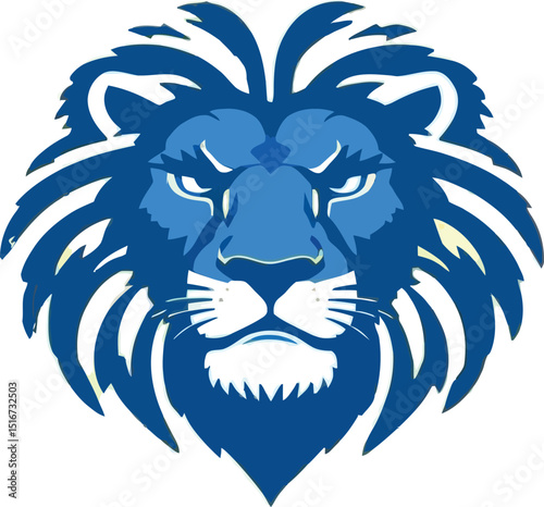 A blue and cream lion head graphic design with a blue background and a stylized mane design