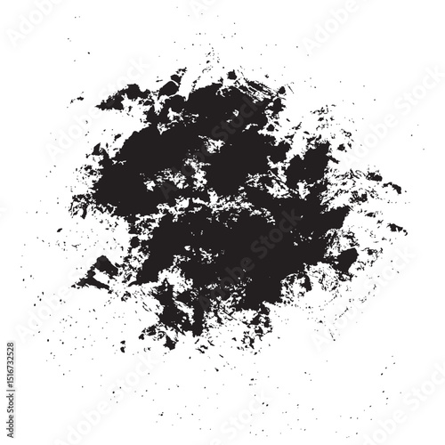 Dark irregular ink stain with random splatter surrounding shapes forming expressive artistic splash, suitable for abstract design templates, grunge posters, digital art, and background patterns.