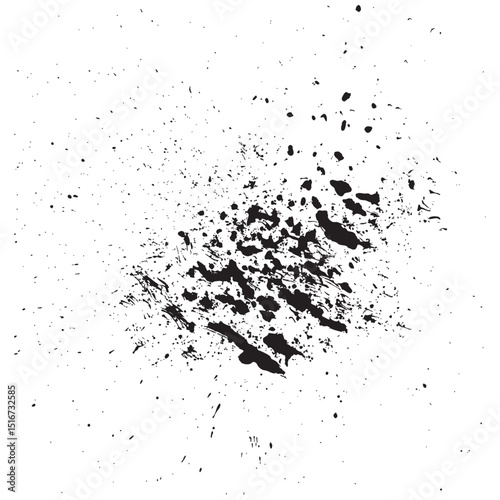 Isolated ink spray with high contrast droplets scattered asymmetrically, forming dynamic composition suitable for print design, posters, digital artwork, grunge elements and creative backgrounds.