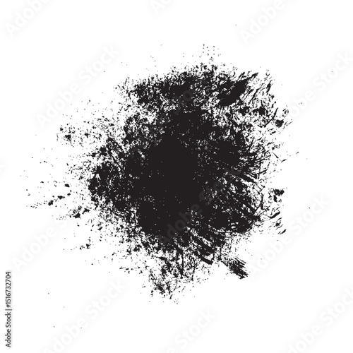 Chaotic organic ink blob with scattered grainy splatter marks creating dramatic grunge effect perfect for artistic prints, digital textures, posters, packaging, modern design and background art.