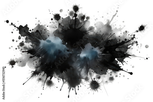 An abstract splash of black, gray, and hints of turquoise watercolor paint, evoking a sense of drama and creativity in a striking artistic composition.
