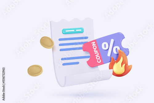 3D shopping cart with bill icon for payment transaction notice. paper receipt for shopping offer in store. Business invoice bill expenses idea concept. 3d invoice list icon vector render illustration
