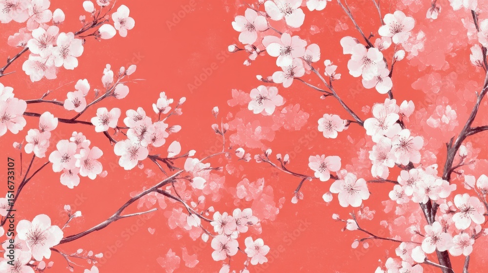 Fototapeta premium Coral background with delicate white cherry blossoms and branches.
