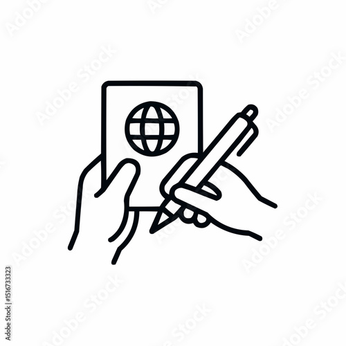 Outlined hand holding pen and passport together — travel writer’s tools.