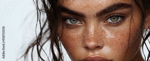 Portrait of young beautiful woman with elegant make-up and perfect hairstyle.A captivating beauty portrait of a flawless model, an editorial fashion shoot. Generative AI.