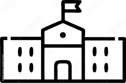 School - related Vector Icon. Features a building with a flag, representing educational institutions. Editable strokes. Vector illustrations.