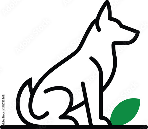 A minimalistic line art illustration of a dog sitting next to a green leaf on a white background