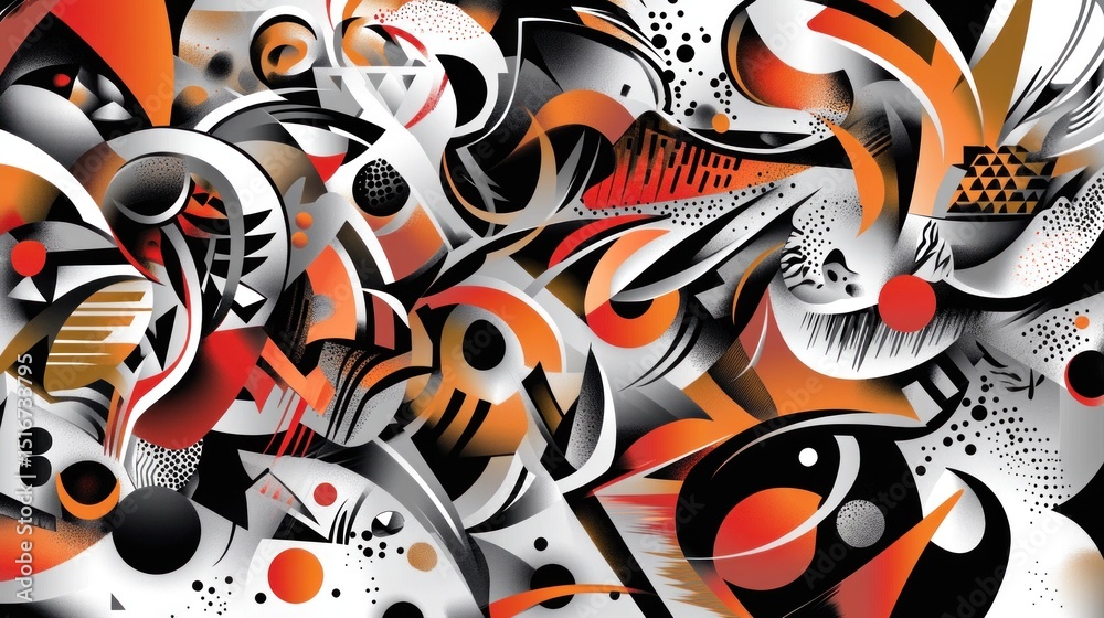 Fototapeta premium Abstract orange, black, and white graffiti-style artwork with geometric shapes and patterns.
