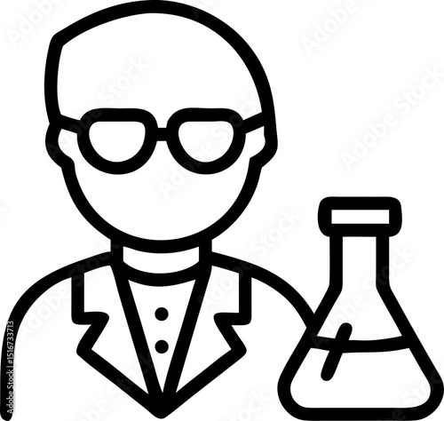 Scientific Research - themed Vector Icon. Shows a person in lab coat and glasses next to a conical flask, representing scientific study. Editable lines. Vector illustrations.