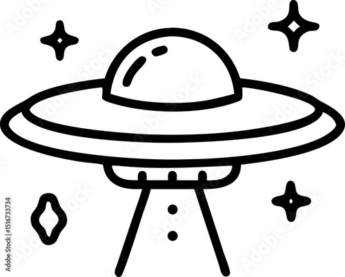 Space and Extraterrestrial - themed Vector Icon. Features a UFO with simple lines, surrounded by stars, representing space exploration. Editable lines. Vector illustrations.
