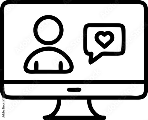 Online Social Interaction - themed Vector Icon. Features a computer screen with a person silhouette and a heart - filled chat bubble inside, representing digital socializing. Editable lines. Vector il