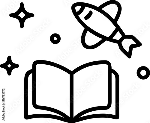 Educational and Space Adventure - themed Vector Icon. Shows an open book with a launching rocket and stars, representing educational journey and space adventure. Editable lines. Vector illustrations.