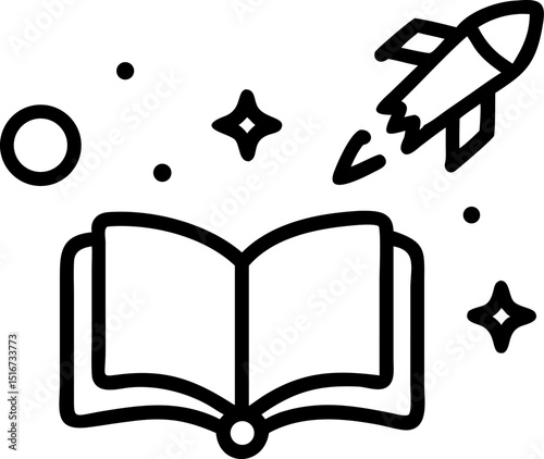 Educational and Space - themed Vector Icon. Features an open book with a rocket and stars, symbolizing learning and space exploration. Editable lines. Vector illustrations.