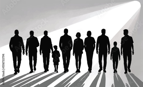 Silhouette of a group of people walking under a bright light with long shadows on a white background
