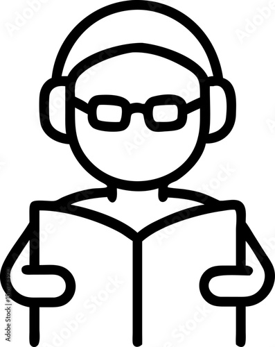 Multimedia Learning - themed Vector Icon. Depicts a person with glasses and headphones reading a book, symbolizing integrated learning experience. Editable lines. Vector illustrations.