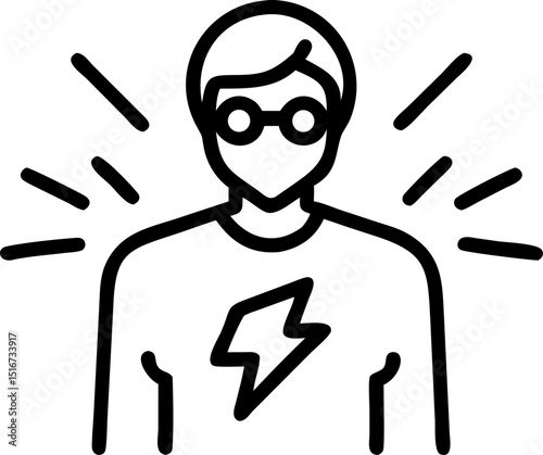 Superhero and Inspiration - themed Vector Icon. Features a person with glasses and a lightning symbol on chest, surrounded by rays, representing superhero concept and inspiration. Editable lines. Vect