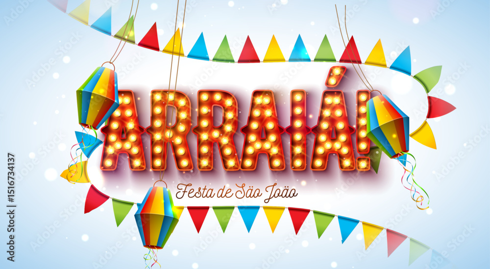 Festa Junina Illustration with Party Flags, Confetti and Arraia Light Bulb Billboard Letter on White Background. Vector Brazil Sao Joao June Festival Design for Greeting Card, Banner or Holiday Poster