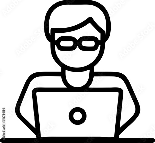 Digital Learning Professional Vector Icon. Features a person with glasses working on a laptop, representing digital learning and professional development. Editable lines. Vector illustrations.