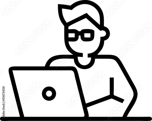 Online Learning Professional Vector Icon. Shows a person with glasses using a laptop, symbolizing online learning and professional engagement. Editable lines. Vector illustrations.