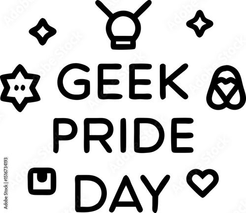 Geek Pride Day - themed Vector Design. Features the text "GEEK PRIDE DAY" surrounded by playful icons like stars and a light bulb, celebrating geek culture. Editable lines. Vector illustrations.