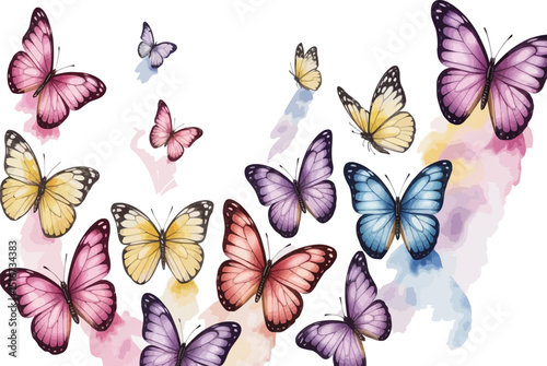 Watercolor illustration featuring a variety of colorful butterflies on a white background art design
