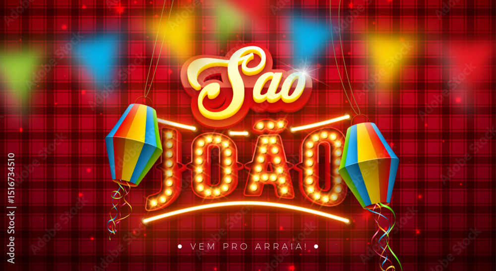 Festa Junina Banner Illustration with Party Flags, Paper Lantern and Sao Joao Light Bulb Billboard Letter on Red Checkered Background. Vector Brazil June Festival Design Template for Post Card