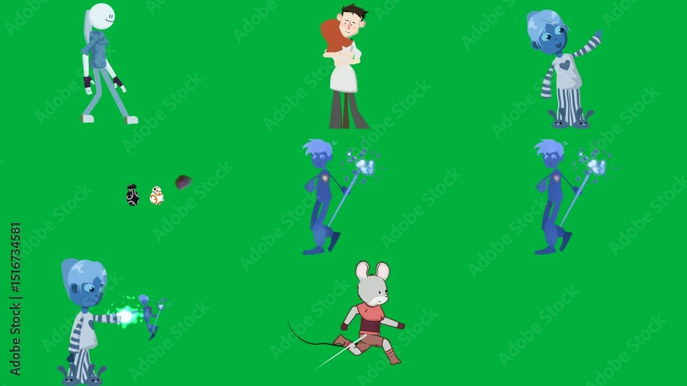 cartoon character running cell his hand man white shirt is standing hands out blue hair green background screen red logo wand silhouette holding magic eyes, front rabbit sword walking.