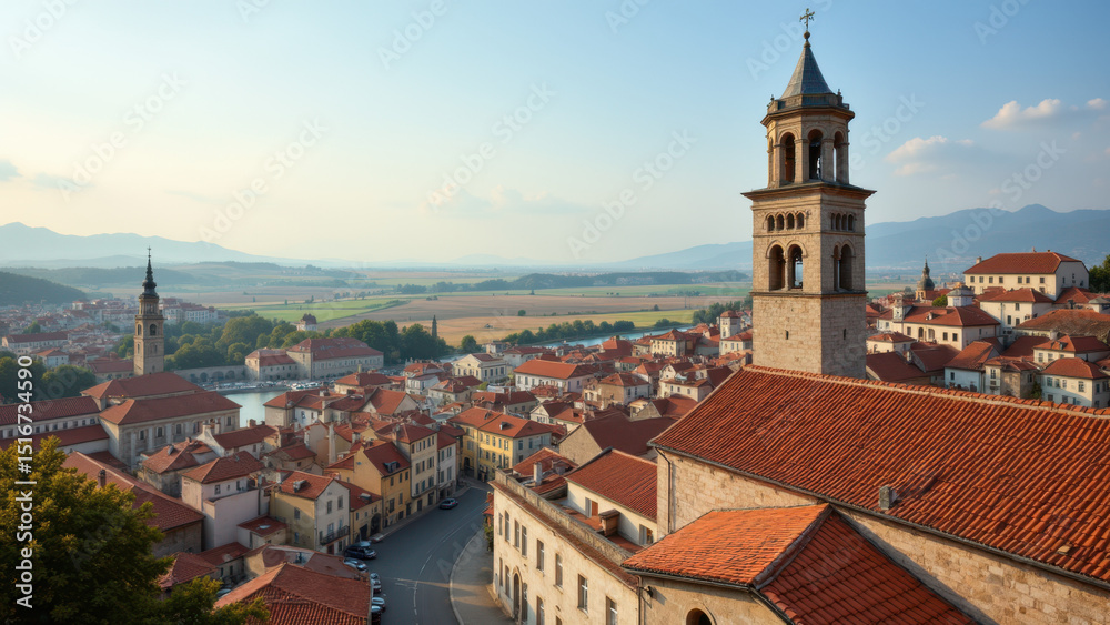 Obraz premium A serene village scene featuring a church with a bell tower overlooking rooftops and lush green hills beyond.