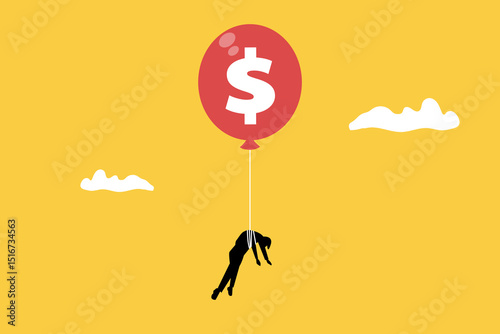 Balloon lifting Businessman up with dollar sign and floating in the air. concept of rising prices, economy, finances and inflation