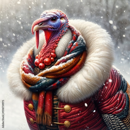 A turkey wears a luxurious coat with fur trim and a colorful scarf, standing amidst gently falling snow 