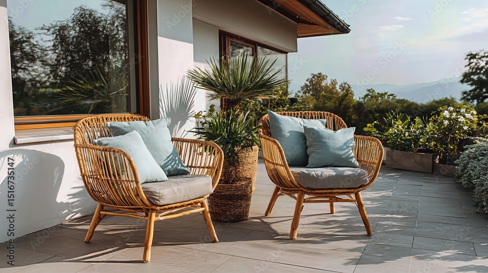 This modern terrace design with rattan furniture and soft blue accents invites calm, leisure, and stylish living.
This modern terrace design with rattan furniture and soft blue accents invites calm, leisure, and stylish living.