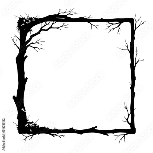 A striking square frame crafted from bare tree branches against the backdrop of empty area, capturing a rustic and natural aesthetic.