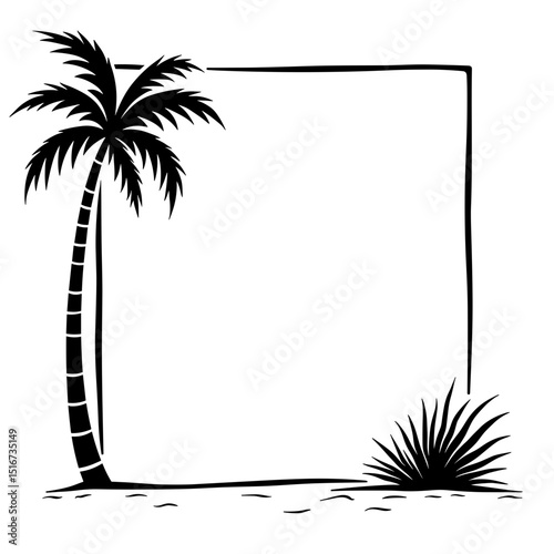 An elegant black and white illustration of a tropical oasis. The scene features a tall palm tree and a detailed cluster of grass placed at corner, encompassed by a bold frame.