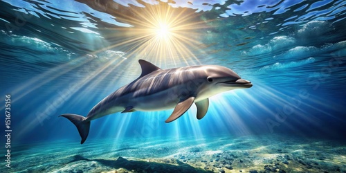 Radiant Sunlight Illuminates a Graceful Dolphin Swimming in Crystal Clear Ocean Waters