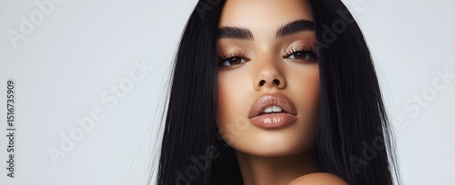 Beautiful mixed-race young woman with long black hair flowing, a beauty portrait. Perfect for advertisement for beauty products, specifically hair care products, generative AI