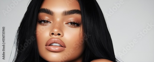 Beautiful mixed-race young woman with long black hair flowing, a beauty portrait. Perfect for advertisement for beauty products, specifically hair care products, generative AI