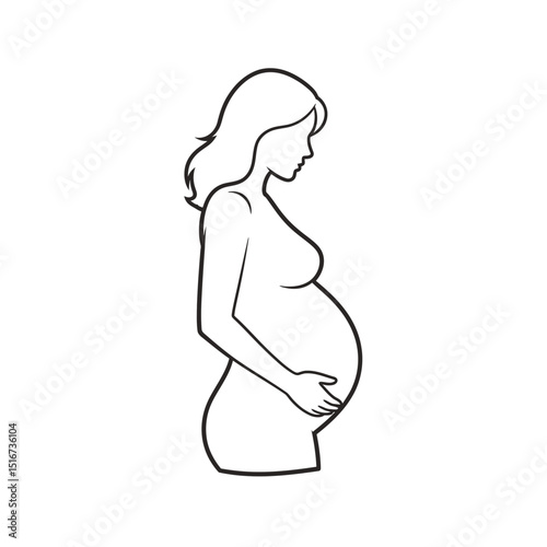 Pregnant woman silhouette holding her belly in profile view - Concept of vector icon  