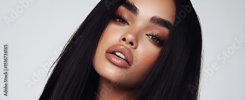 Beautiful mixed-race young woman with long black hair flowing, a beauty portrait. Perfect for advertisement for beauty products, specifically hair care products, generative AI