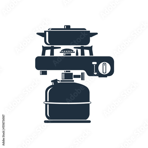 Camping gas stove with pot and propane tank in minimal design  