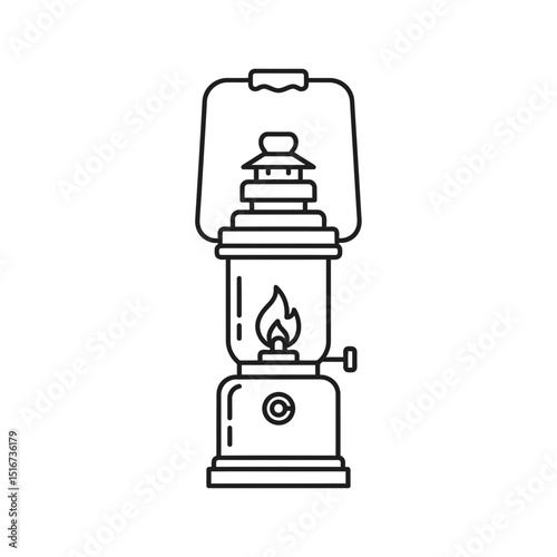 Vintage kerosene lamp icon with flame in minimalist line design  