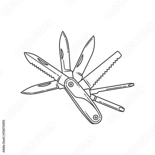 Multi-tool with various blades displayed in a flat design style  