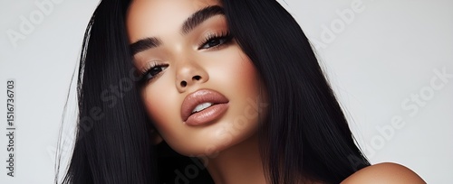 Beautiful mixed-race young woman with long black hair flowing, a beauty portrait. Perfect for advertisement for beauty products, specifically hair care products, generative AI